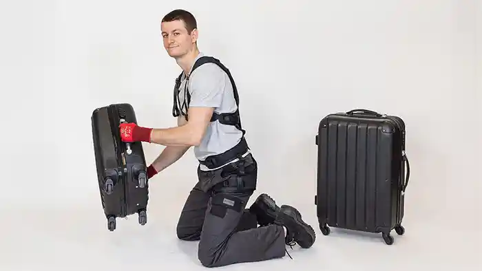 Seitliche Ansicht einer Frau in grauem Oberteil, die ein schwarzes Auxivo Exoskelett trägt, das ihren Rücken und ihre Hüften unterstützt.